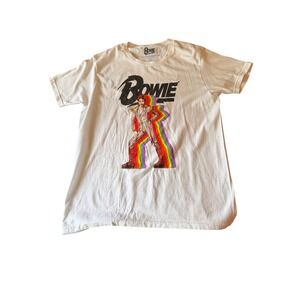 David Bowie T-Shirt White Ziggy Stardust Rainbow Graphic Rock Band Tee Large